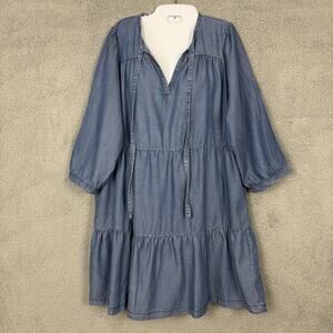 Heroes & Dreamers Dress Chambray Denim Tiered 3/4 Sleeve Large boho cottagecore